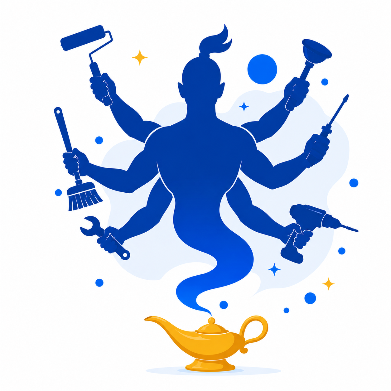 Cartoon genie with tools flying out of a golden magic lamp